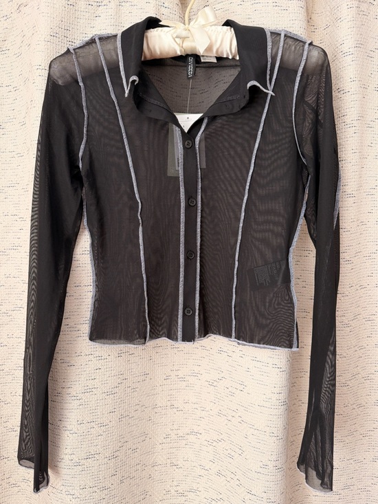 H&M Tops - Stylish H&M divided Black Sheer Long-Sleeve Button-Down Top with Contrast Seams